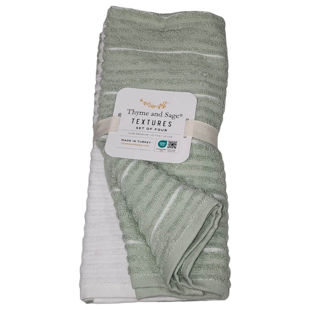 Thyme and Sage Kitchen Towel Green and White Striped Turkish‎ Cotton Set of 4